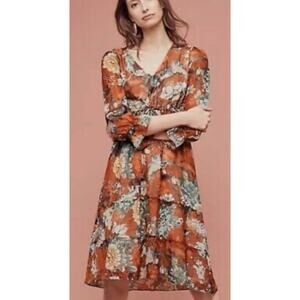 Anthropologie Hemant & Nandita Zeri Dress Brown Floral Tiered Ruffle Sleeve boho